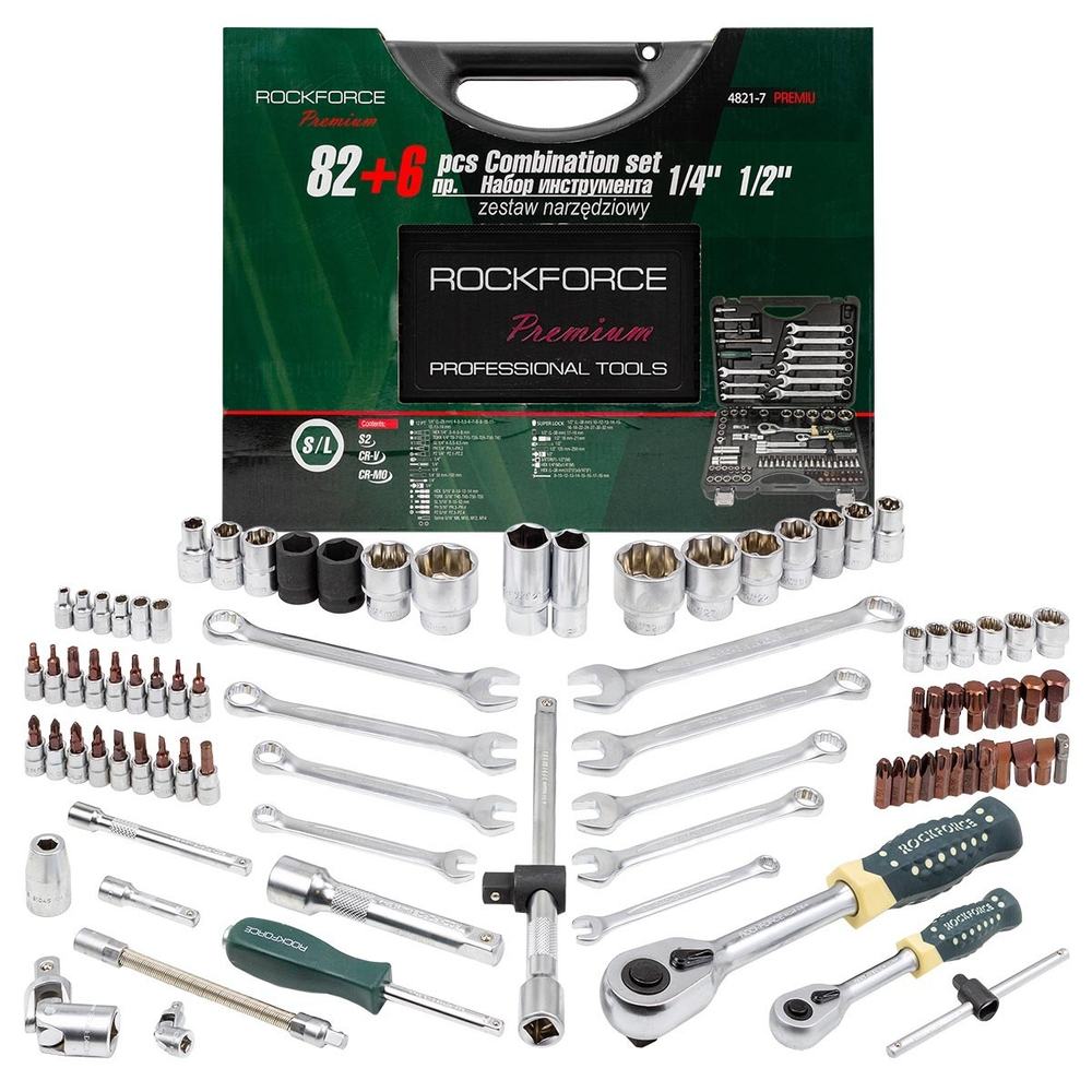 Набор инструментов 82+6пр. 1/4'',1/2''(сорв.гр.) RockForce##Rock FORCE RF-4821-7 Premium