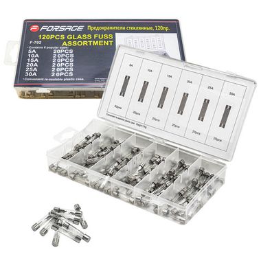 Предохранители стеклянные, 120пр. (5А, 10А, 15А, 20А, 25А, 30А) Forsage F-792