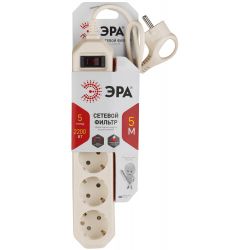 Сетевой фильтр ЭРА USF-5es-5m-I с базовой защитой с заземлением с выключателем 5 розеток 5м 10А слоновая кость