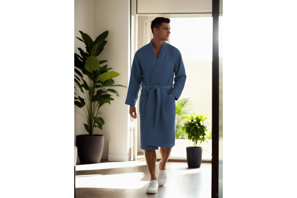 Халат вафельный мужской Home One голубой джинс 56-58