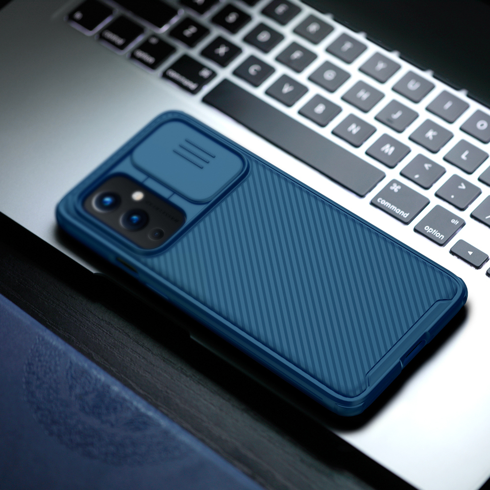 Чехол усиленный синего цвета от Nillkin серия CamShield Pro Case для OnePlus 9 (рынок EU и NA), с защитной шторкой для камеры