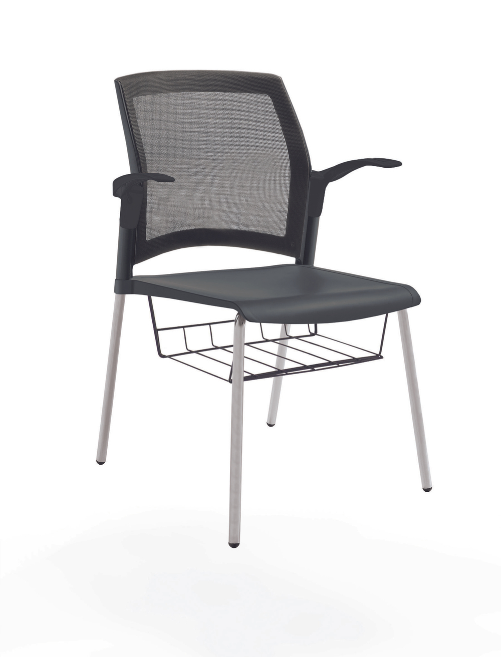 стул Rewind на 4 ногах, каркас серый, пластик черный, спинка-сетка, с открытыми подлокотниками, с подседельной корзиной