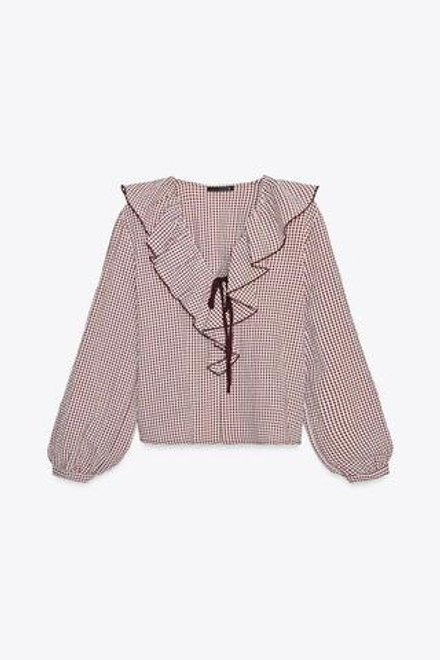 ZARA БЛУЗА В КЛЕТКУ ВИШИ С ВОЛАНАМИ, БОРДОВЫЙ/ЭКРЮ