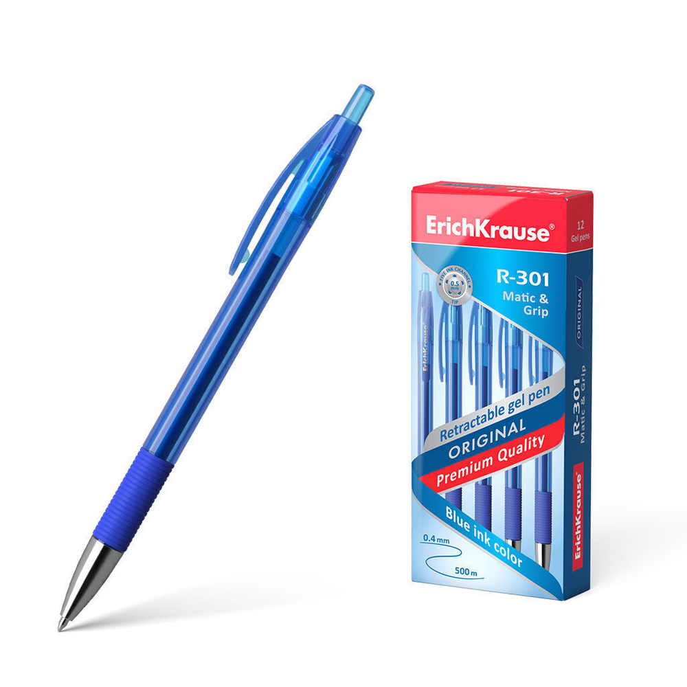 Ручка гелевая EK R-301 ORIGINAL Matic Grip синяя, автомат., 0,5мм