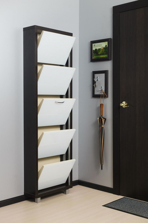 Обувница в прихожую компактная для обуви Люкс 5 белое стекло венге