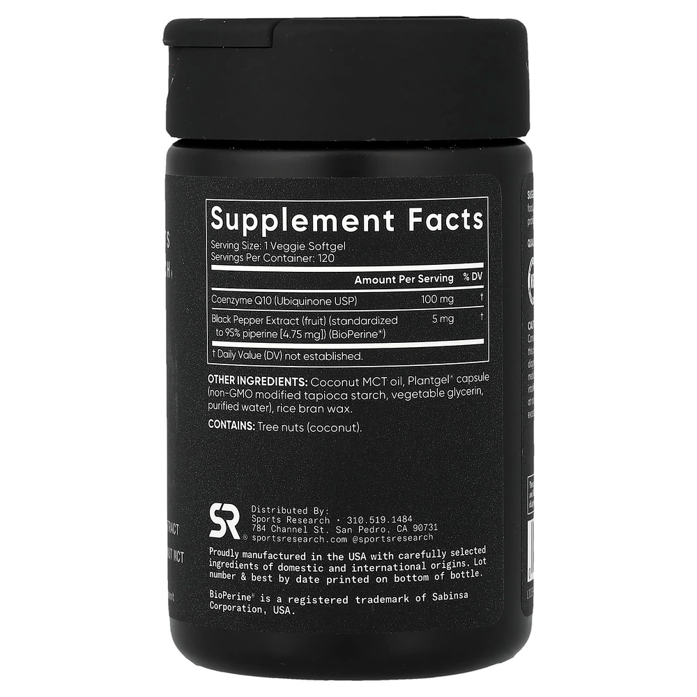 Sports Research, коэнзим Q10 класса USP с BioPerine, 120 растительных капсул