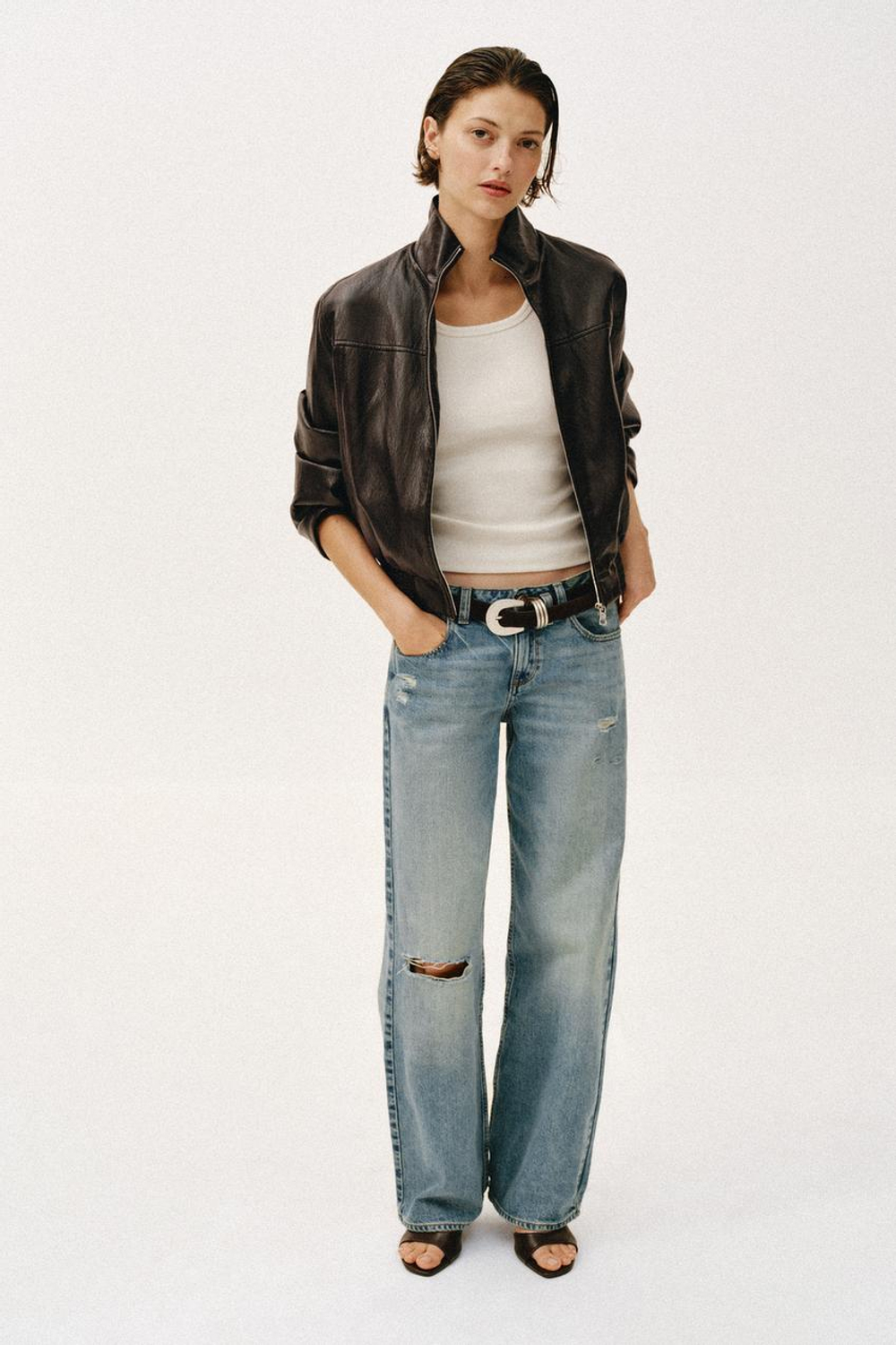 ZARA УКОРОЧЕННЫЙ БОМБЕР ИЗ ИСКУССТВЕННОЙ КОЖИ, ТЕМНО-КОРИЧНЕВЫЙ