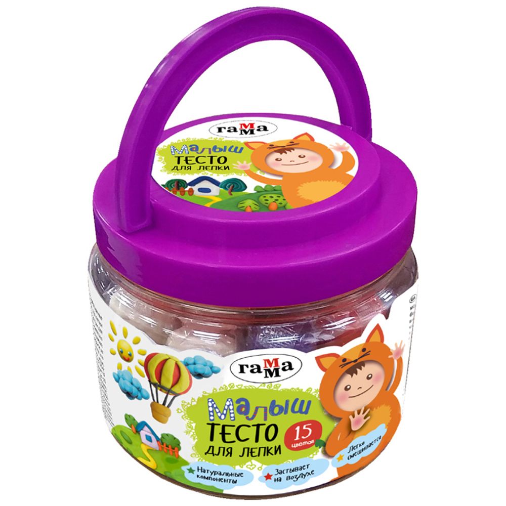 Масса для лепки Гамма Малыш 15цв. по 25гр., 2 формочки, в пластиковой банке