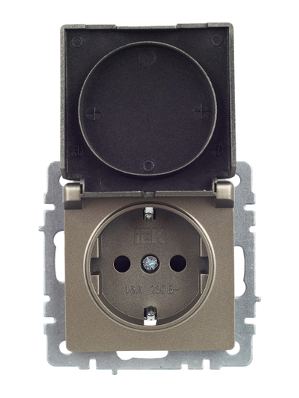 BRITE Розетка 1-местная с заземлением с защитными шторками и крышкой 16А IP44 РСбш10-3-44-БрШ шампань IEK