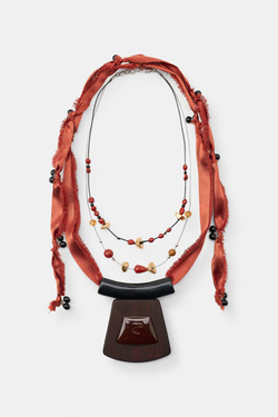 ZARA НАБОР ИЗ ДВУХ КОЛЬЕ ИЗ ТКАНИ С КАМНЕМ И БУСИНАМИ, КОРИЧНЕВЫЙ