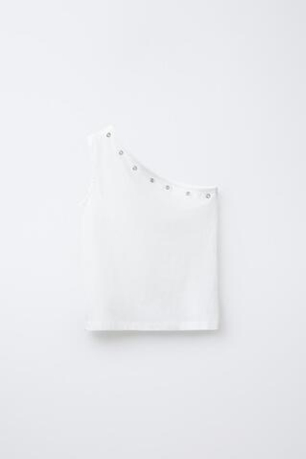 ZARA АСИММЕТРИЧНЫЙ ТОП С ЛЮВЕРСАМИ, БЕЛЫЙ