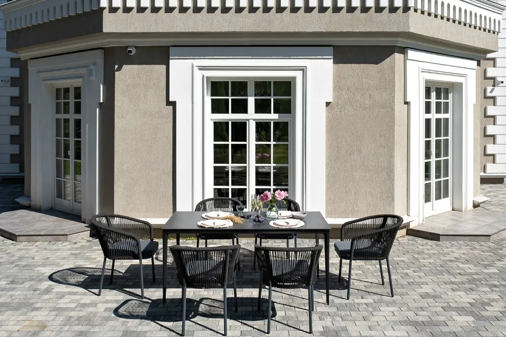 "Малага" обеденная группа на 6 персон со стульями "Марсель", каркас темно-серый, роуп темно-серый