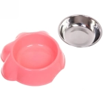 Миска пластиковая с металлической чашкой «Лапка» 21*6,5см цвет розовый / 350 и 450мл