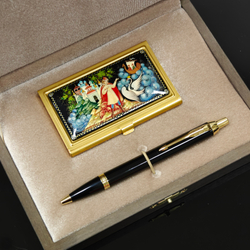 Набор подарочный "Сказка о царе Салтане" визитница персональная с ручной росписью и ручка Parker