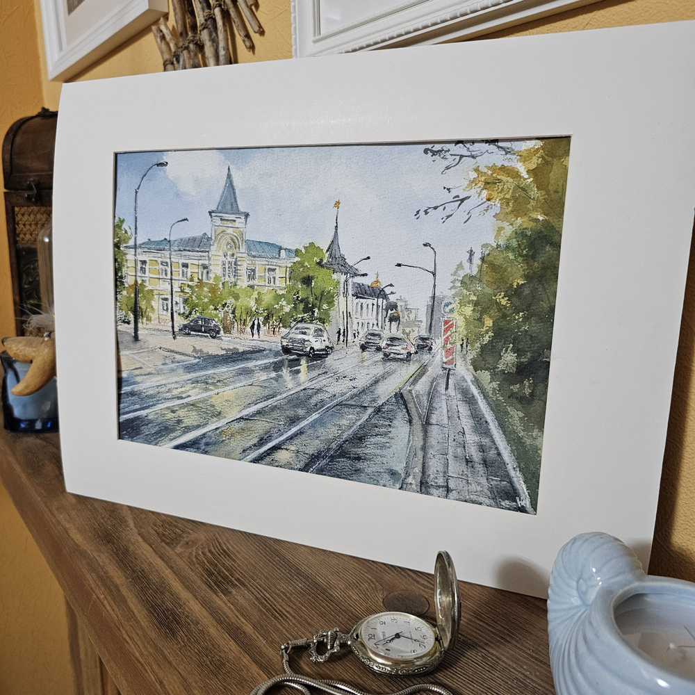 Картина авторская акварельная в паспарту 30х40 см на стену для интерьера "Осень на Даниловском валу"