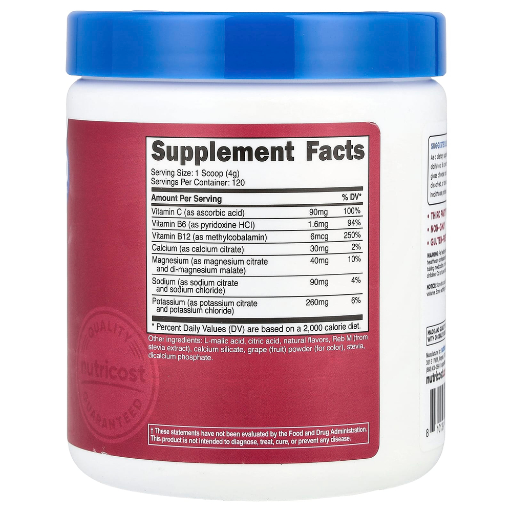 Nutricost, Электролиты, улучшенный комплекс для увлажнения, виноград, 468 г (1 фунт)
