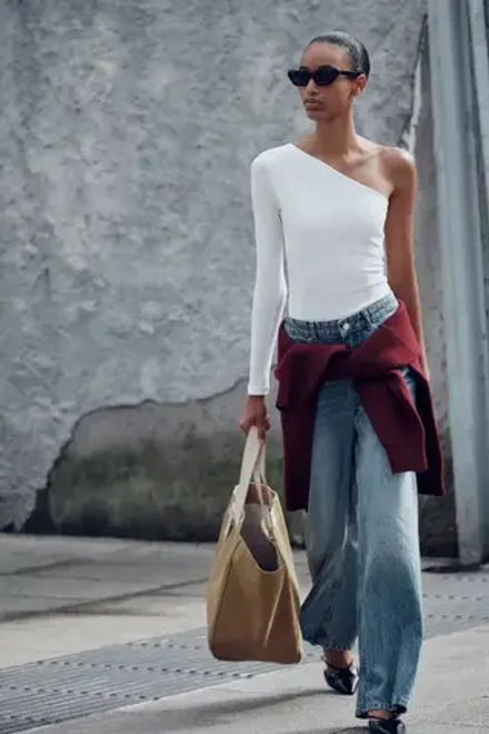 ZARA БОДИ АСИММЕТРИЧНОГО КРОЯ С ДЛИННЫМ РУКАВОМ, ЖЕЛТОВАТО-БЕЛЫЙ