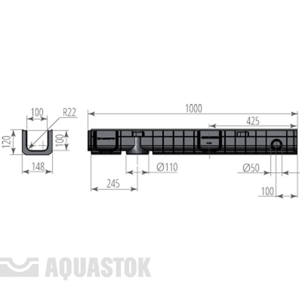 Лоток водоотводный пластиковый Norma DN 100 H 120