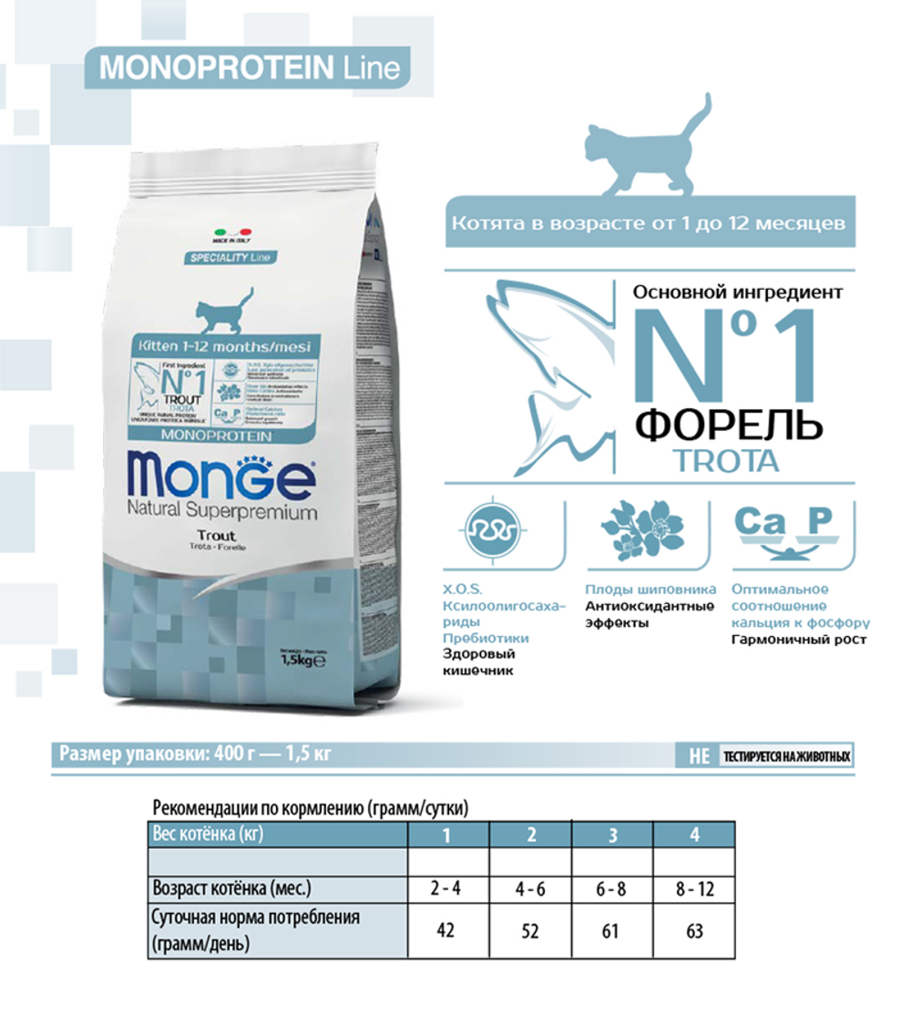 Монж Cat Kitten Monoprotein Котята Форель 400гр.