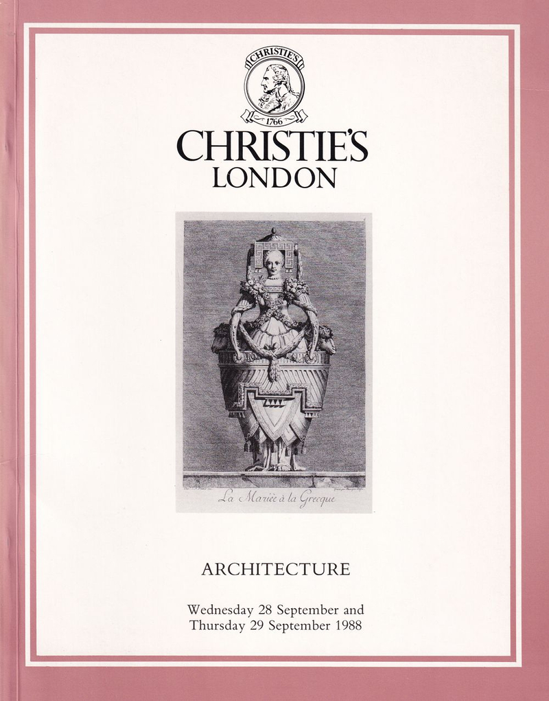 Каталог аукциона Christie's, Лондон, Архитектура: книги по инженерии, строительству, эскизы дизайна садов, мебели, орнаментов, костюмов и скульптур от 28-29 сентября 1988 года