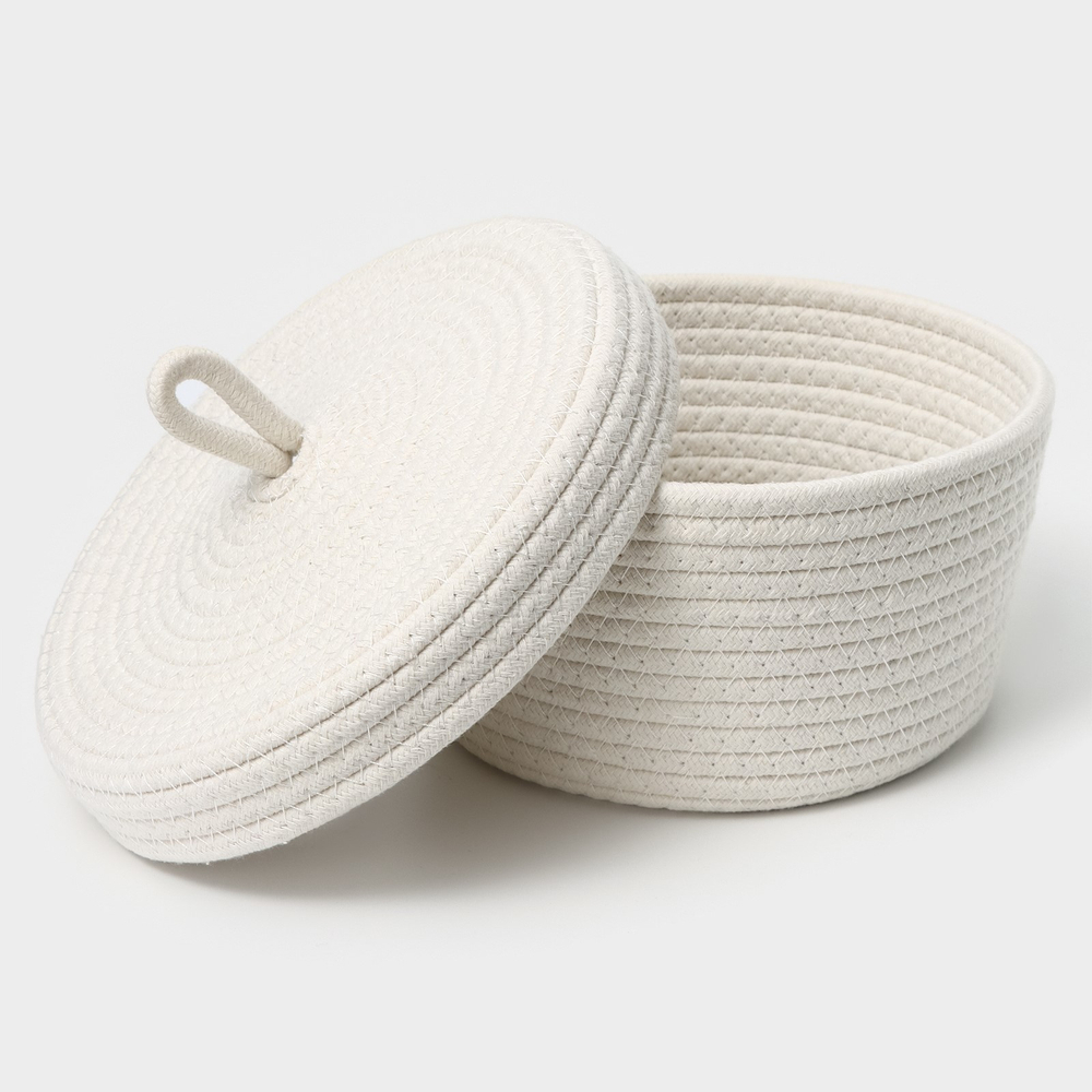 Корзина для хранения ручного плетения, с крышкой, хлопок, 21х21х11 см, цвет бежевый