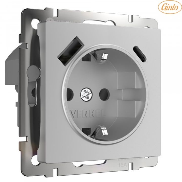 Розетка Werkel с быстрой зарядкой USB Type A+С серебристая W1171706 4690389176432