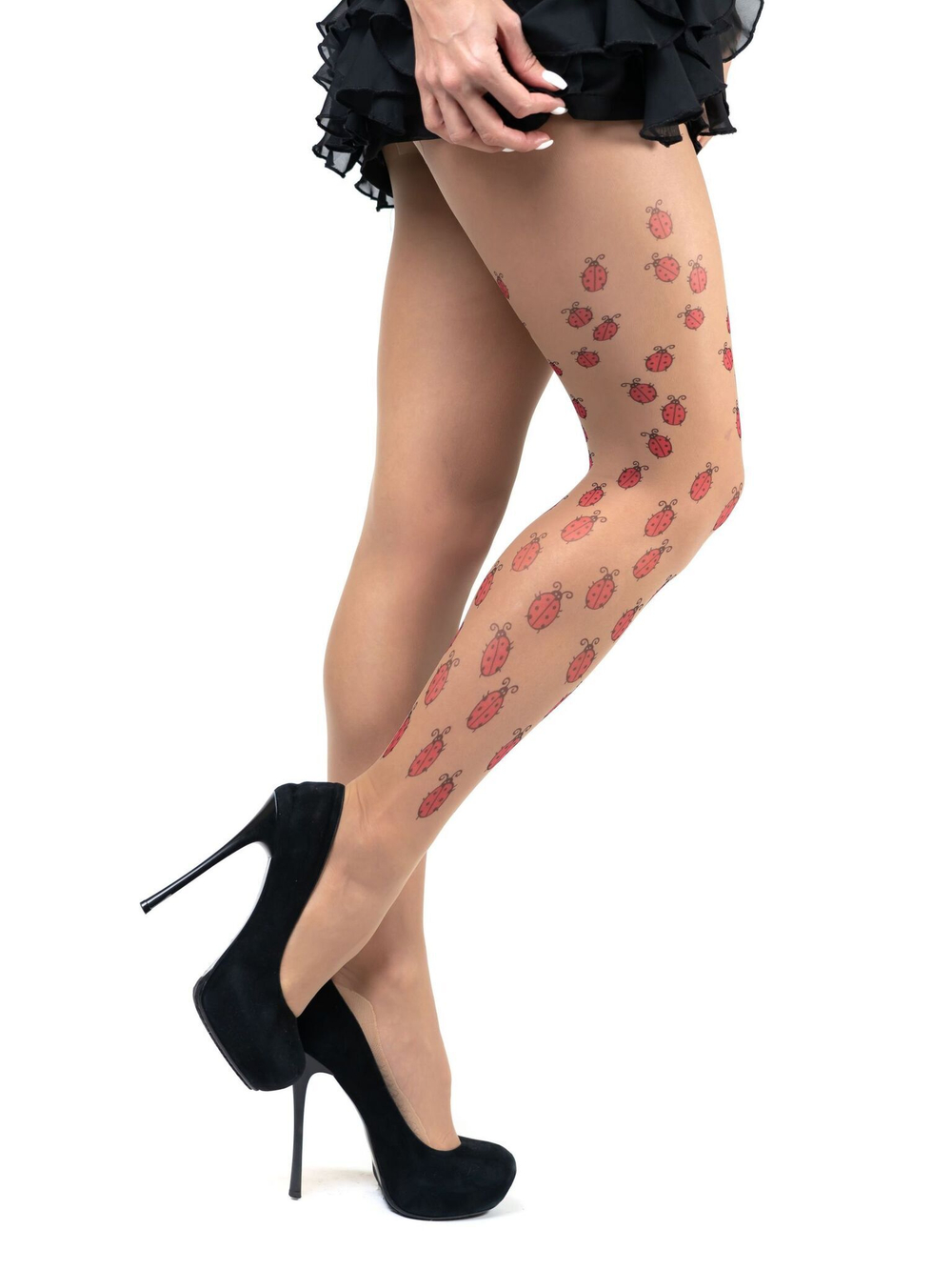 Колготки с принтом в виде божьих коровок на правой ножке (Размер: S-M-L) (Цвет: бежевый)