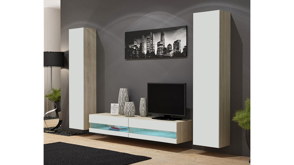 Гостиная Виго нью 4 Белый Фасадный 0101 / Дуб Сонома 3025 260*42*180 см, Белый Фасадный, Дуб Санома   Фиеста