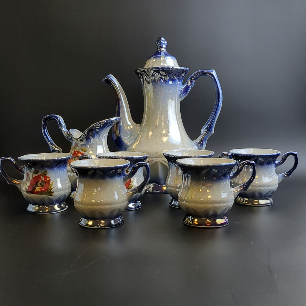 Кофейный набор из советской керамики кофейник, 6 кофейных пар, сливочник (8 предметов), деколь, цветы, перламутр, винтаж СССР 1970-1991 гг