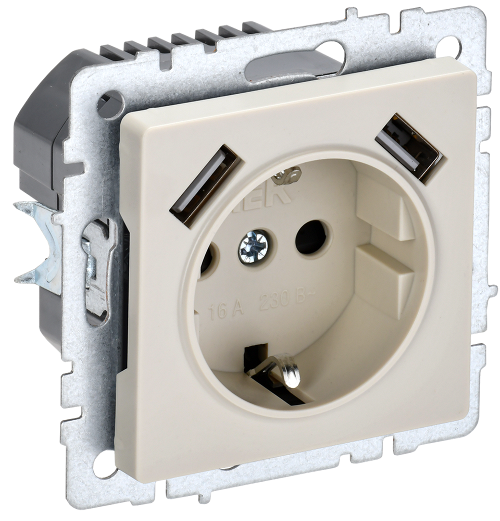 BRITE Розетка 1-местная с заземлением с защитными шторками 16А с USB A+A 5В 2,1А РЮш10-1-БрКр бежевый IEK