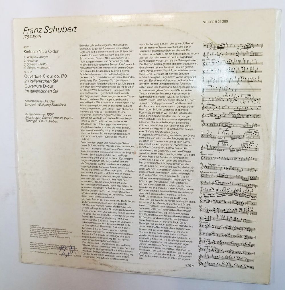 Винтажная виниловая пластинка Schubert Шуберт Франц Staatskapelle Dresden, Wolfgang Sawallisch Sinfonie Nr. 6 C dur Ouverturen C dur Op. 170 Und D dur D. 590 Im Italienischen Stil (GDR 1972)