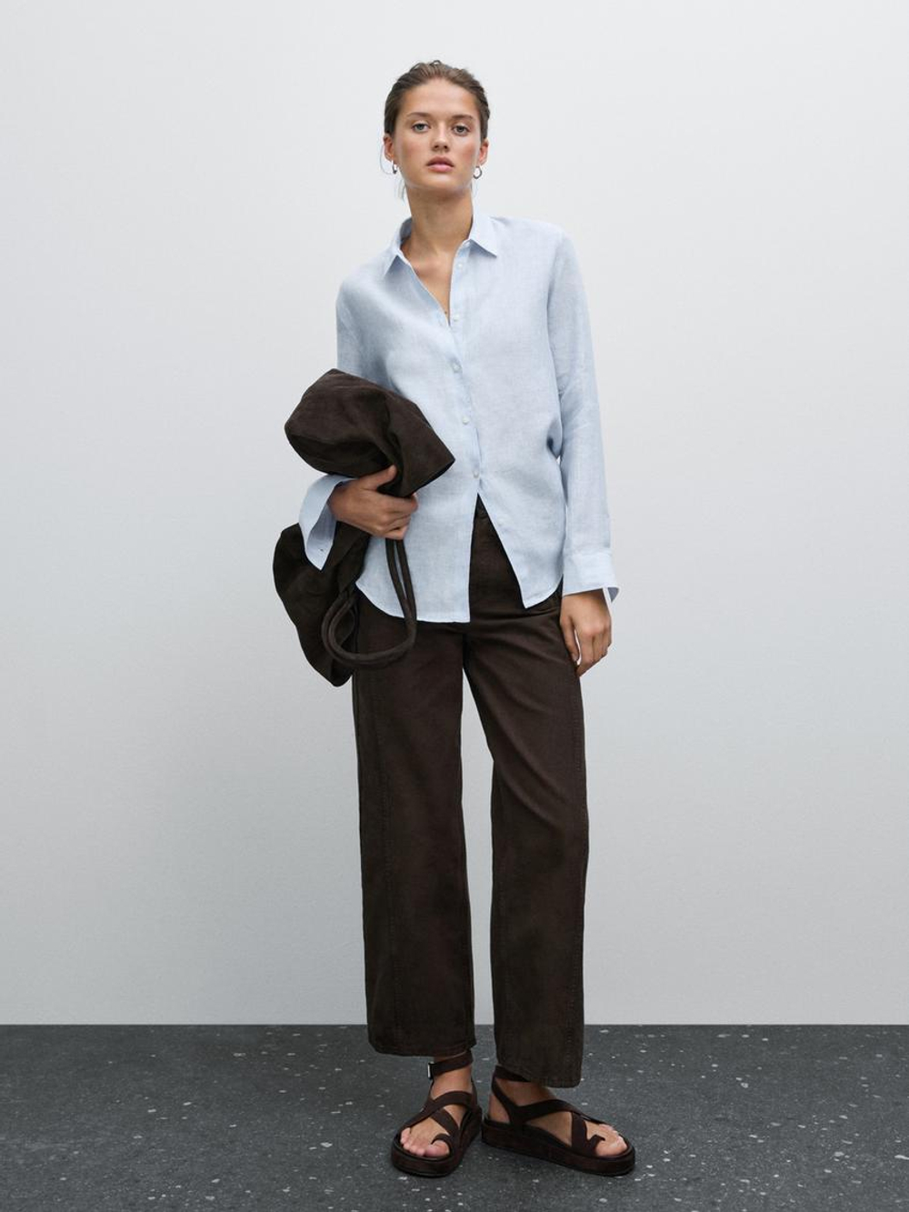 Massimo Dutti Рубашка из струящегося льна в тонкую полоску, синий