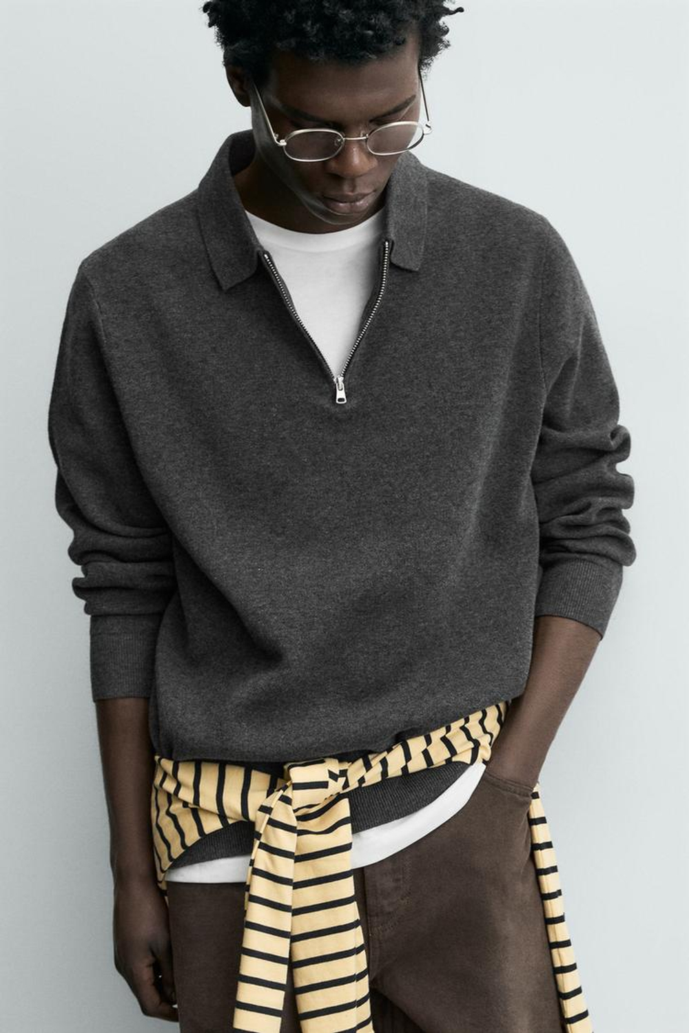 ZARA ТРИКОТАЖНОЕ ПОЛО НА МОЛНИИ, СЕРЫЙ МЕЛАНЖ