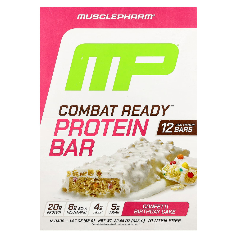 MusclePharm, Протеиновый батончик Combat Ready ™, праздничный торт с конфетти, 12 батончиков по 53 г (1,87 унции)