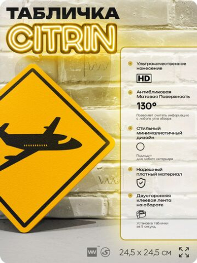 Табличка декоративная "Самолет" на дверь и стену, информационная, декоративный знак, тема авиация, 24,5х24,5 см, пластиковая, Айдентика Технолоджи