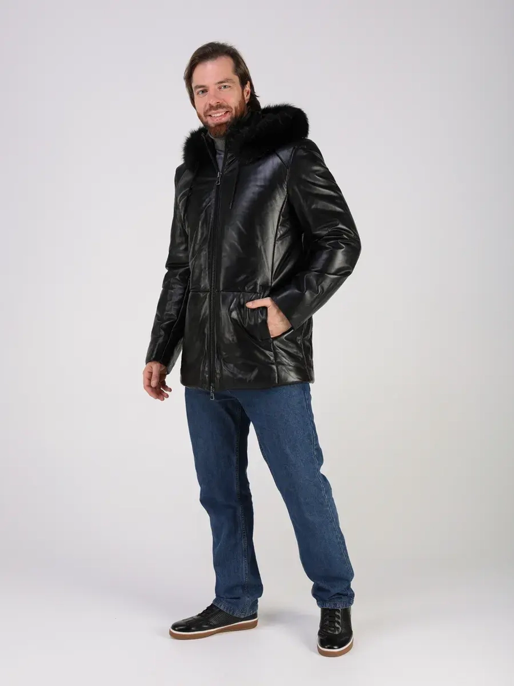 Куртка зимняя кожаная с капюшоном пуховик