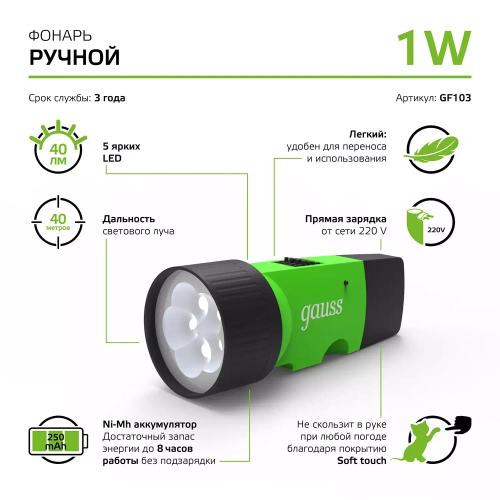 Фонарь Gauss LED ручной модель GFL103 1W 40lm NI-MH 250mAh