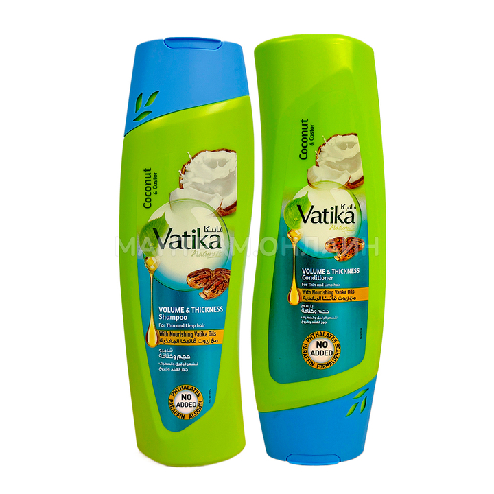 Шампунь Dabur Vatika Coconut, Castor, Henna Volume and Thickness Дабур Ватика Кокос, кастор, хна Объем и толщина волос, укрепление и питание 200 мл.