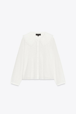 ZARA РУБАШКА С КРУГЛЫМ ВОРОТНИКОМ И ВЫШИВКОЙ, ЖЕЛТОВАТО-БЕЛЫЙ