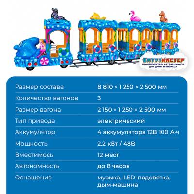 Аттракцион весёлый паровозик «Дельфинчик», 3 вагона, 12 мест
