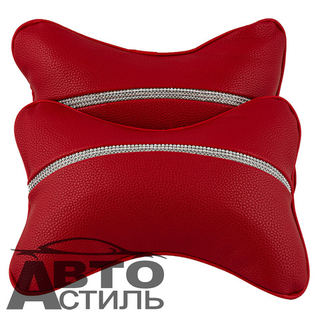 Подушки на подголовник Coolpart - DIAMOND (2шт) - P3010RD-WT - 50 кожзам красный + белые Стразы