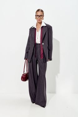 Брюки палаццо свободные с защипами темно-серого цвета в полоску