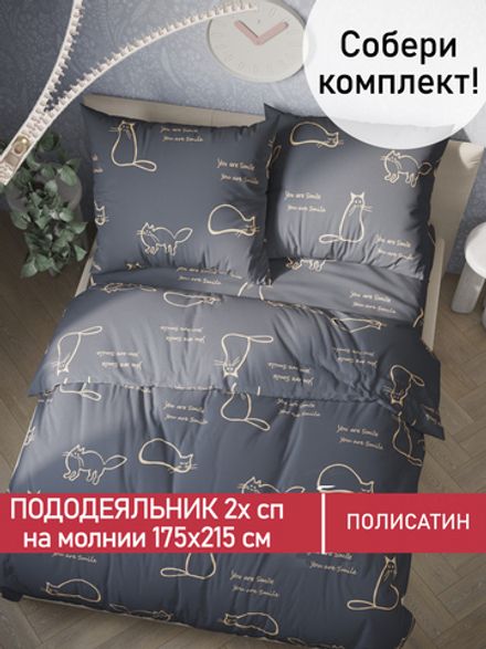 Пододеяльник Полисатин Мечта "Котики на сером" 2-спальный на молнии 175x215 см