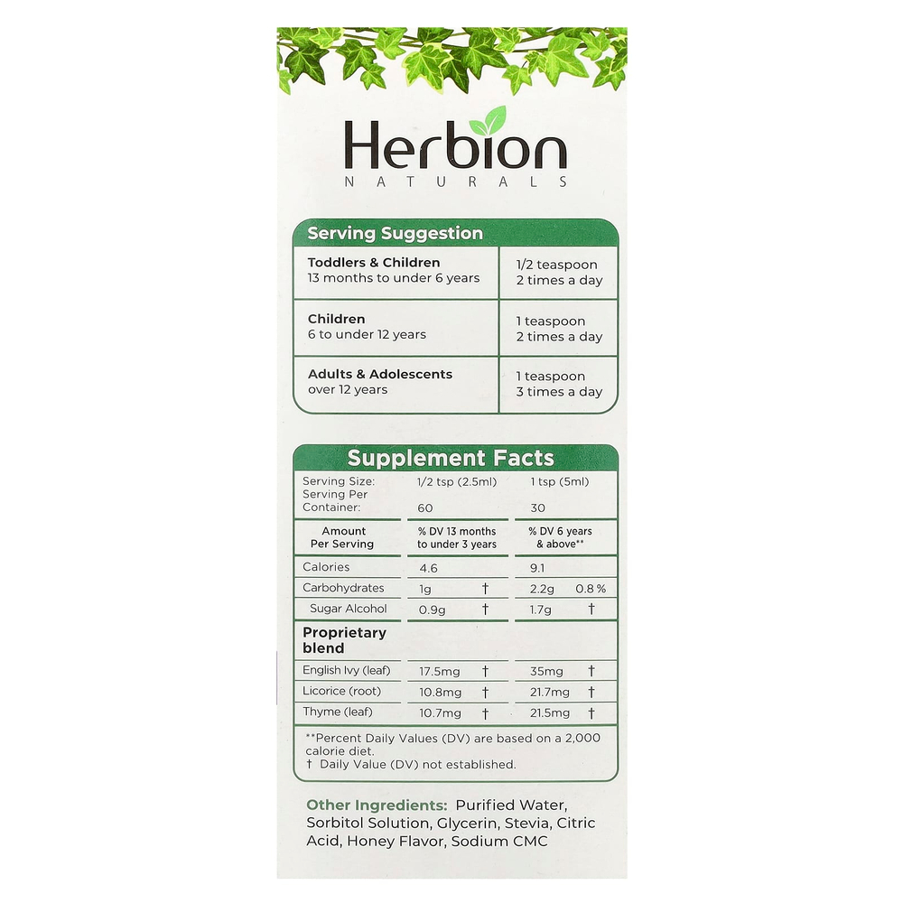Herbion Naturals, Naturals, сироп от кашля из листьев плюща с чабрецом и солодкой, без сахара, 150 мл (5 жидк. унц.)