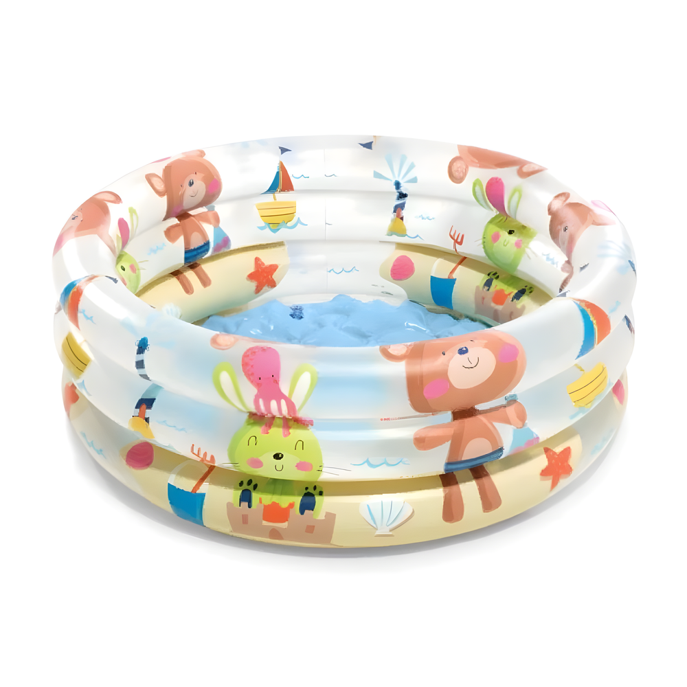 Бассейн надувной Intex 57106 Dino Buddies 61х22 см / Круглый трехсекционный бассейн Пляжные друзья Интекс с надувным дном для дачи