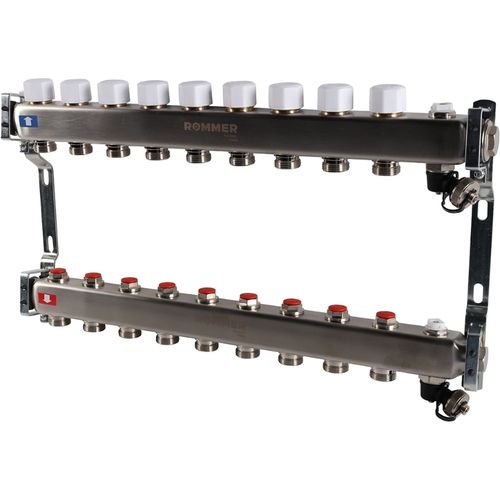 Коллектор Rommer 1"x3/4" на 9 контуров с запорными клапанами (нерж. сталь) RMS-3201-000009