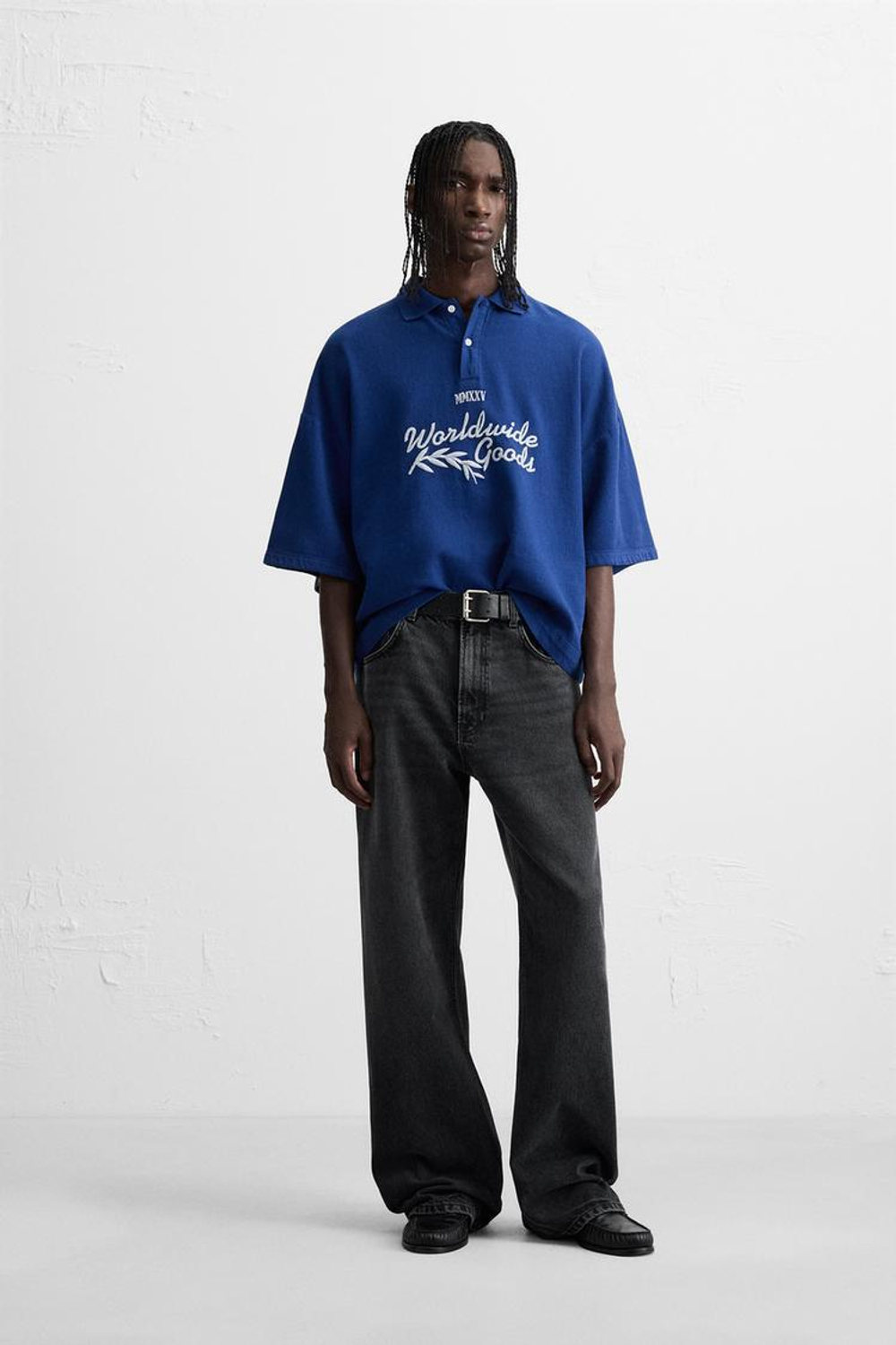 ZARA ПОЛО С ВЫШИТЫМ ТЕКСТОМ, СИНИЙ