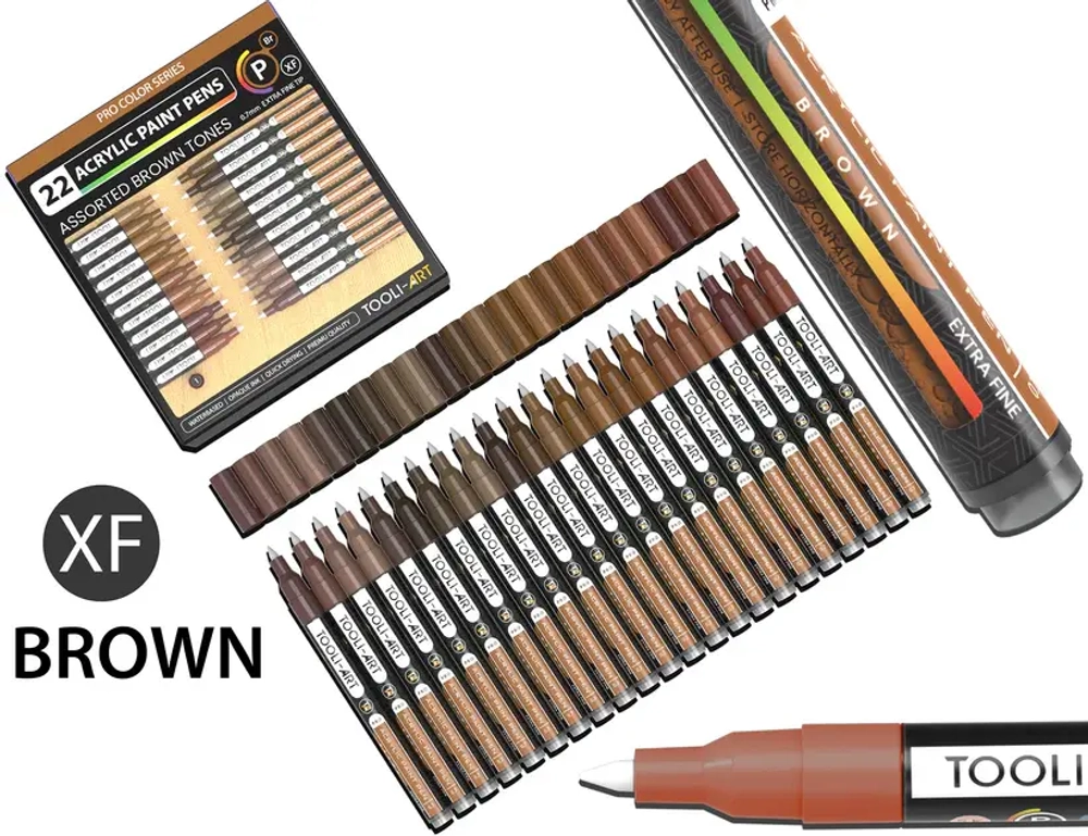 (Brown) Tooli-Art 22 Acrylic Paint Pens 0.7mm Extra Fine