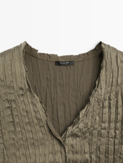 Massimo Dutti Плиссированный топ с V-образным вырезом, оливково-зеленый
