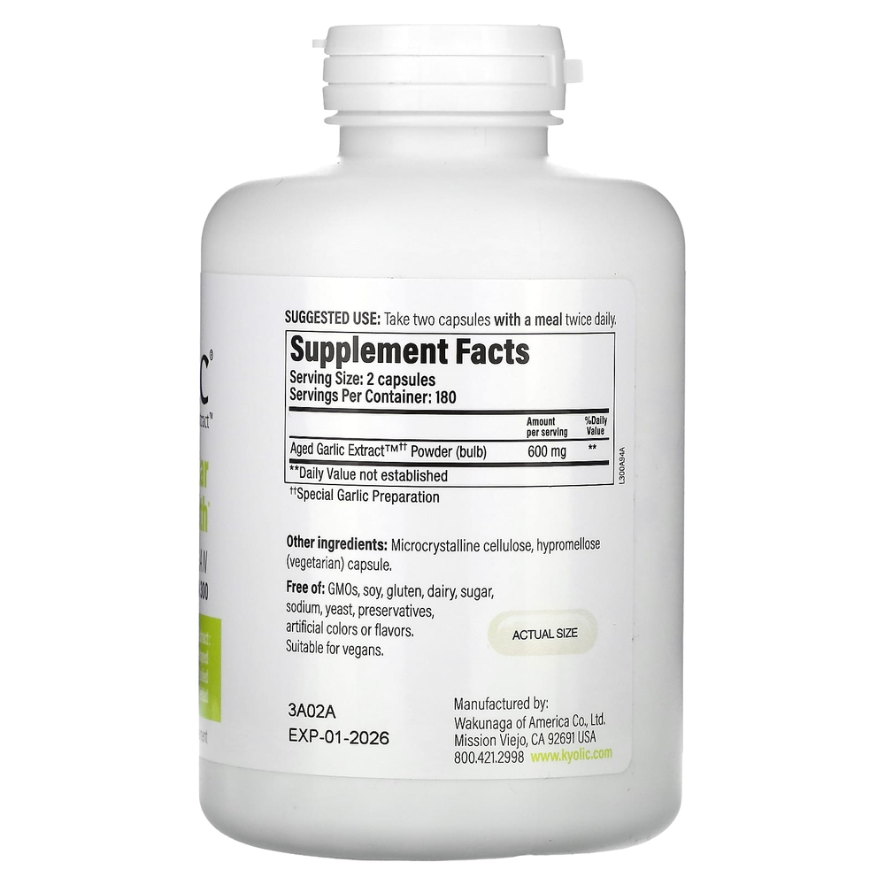Kyolic, Aged Garlic Extract, выдержанный экстракт чеснока, здоровье сердечно-сосудистой системы, веганская формула 300, 360 веганских капсул (300 мг в 1 капсуле)
